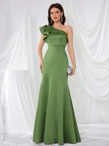 单肩蕾丝袖晚礼服，美人鱼风格优雅正式礼服舞会婚礼宾客礼服，适合毕业典礼、晚宴 - 橄欖綠 - 查看 6