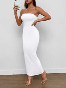 SHEIN PETITE Split Back Tube Summer Women Outfit Dress,Summer Dresses For Women,White Graduation Dress - White - View 5