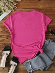 SHEIN 女士夏季心形豹纹短袖休闲 T 恤，圆领图案 T 恤女式上衣 - 玫紅色 - 查看 2