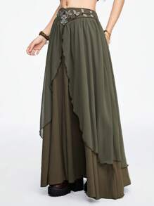 ROMWE Fairycore Renaissance Contrast Embroidery Colorblock Long Skirt For Spring & Summer - Army Green - View 3