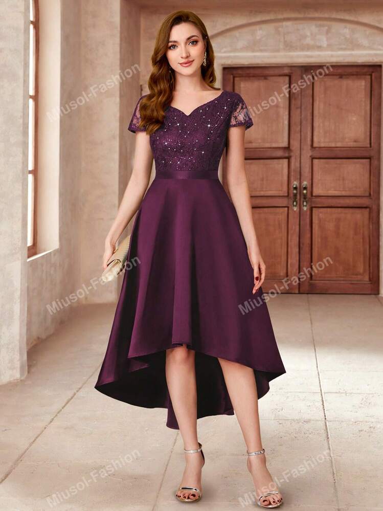MIUSOL Robe de soiree en satin de coupe evasee avec insertions en dentelle et paillettes decollete en V Mode en ligne SHEIN FRANCE