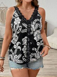 SHEIN VCAY Sommer Bluse, Große Größen mit Spitzenbesatz und ärmellos für den Urlaub - Schwarz und Weiss - Übersicht 4
