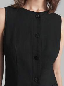 Ontre 2 件套女士纯色简约无袖上衣和裙子套装，适合休闲、校园、户外、秋季穿着 - 黑色 - 查看 8