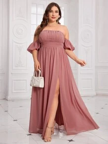 Vestido de gasa con cuello plisado, mangas farol y abertura alta para mujer de talla grande - Rosa vieja - Ver 3