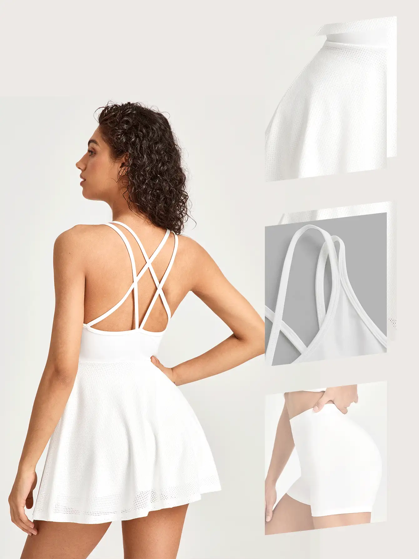 SHEIN Sports Damen einfaches alltägliches Kleid mit Kreuzträger Einfarbig - Weiss - Übersicht 4