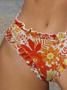 SHEIN Swim 女士夏季海灘熱帶植物印花無肩帶性感比基尼套裝，隨機印花 - 彩色 - 查看 5