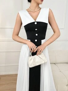 Modelyn Two Tone Pleated Hem Dress For Summer Long Evening Dresses - Black and White - View 4