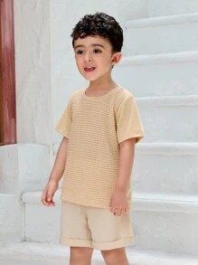 SHEIN Young Boys' Plain & Simple Daily Short Sleeve T-Shirt And Shorts 2pcs/Set - Khaki - View 3