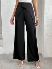 SHEIN Privé Women's Solid Color Simple Everyday Long Pants - Black - View 5