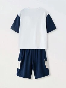 SHEIN 2入組男童休閒街頭字母印花短袖T恤和帶口袋的貨物短褲，適合漫步、戶外、返校和夏季 - 彩色 - 查看 5