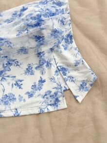 Soleia Blau-Weiß bedrucktes Urlaubs-Bandeau-Top für Damen mit Schlitz - Blau-Weiß - Übersicht 4