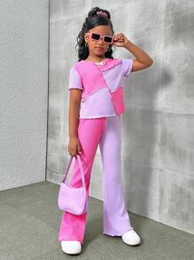 SHEIN Tween Girls'  Asymmetrical Colorblock Ribbed T-Shirt And Flared Pants Set, Sports Outfits