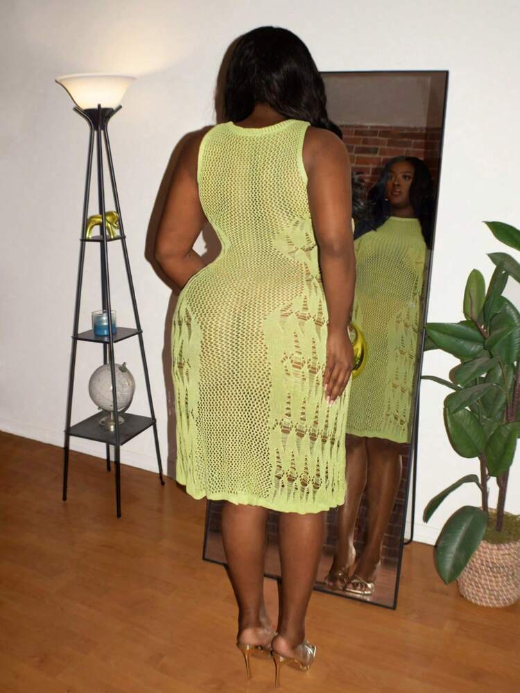 Plus Size Solid Color Hollow Out Sleeveless Sweater Dress, Perfect For Summer Vacation