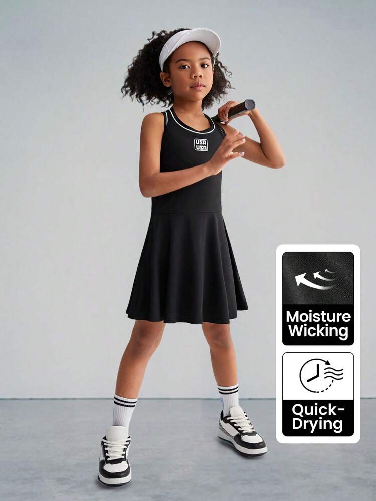 Tween Girls' Knit Patchwork Drawstring Waistband & Anti-Light Shorts Letter Printed Sporty Dress