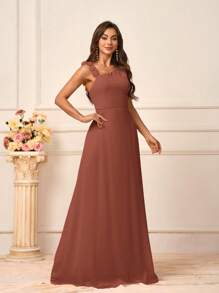 SHEIN Belle Vestido romántico de mujer con cuello asimétrico, diseño de espalda descubierta y tirantes spaghetti. Confeccionado en encaje floral y tela de gasa, en línea A y longitud completa. Ideal para dama de honor.