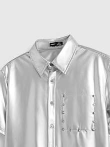 AXEPEAK Camisa casual de manga corta de unicolor para hombre con cuello de solapa y botones delanteros - Plateado - Ver 5