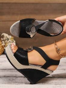 Sandal mùa hè mới, kiểu dáng rộng rãi, cỡ lớn, gợi cảm, đế dày, thời trang với khóa kim loại trang trí, phối dây giả lanh, sandal hở mũi nhẹ, quai thun, giày đi nghỉ mát và biểu diễn, phụ kiện du lịch thiết yếu. - màu đen - Xem 4