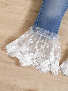 SHEIN Young Girls' Mesh Jeans, Simple Style, Blue, Perfect For Daily Wear - Light Wash - View 3