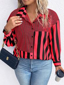 SHEIN LUNE Áo sơ mi trễ vai in sọc Plus - Đỏ - Xem 6