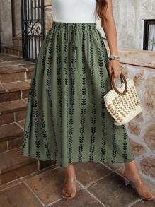 SHEIN LUNE 大码女式几何印花侧开衩裙 - 綠色 - 查看 3