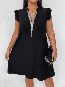 SHEIN LUNE Plus Contrast Sequin Notched Neckline Ruffle Trim Dress, For Summer - Black - View 1