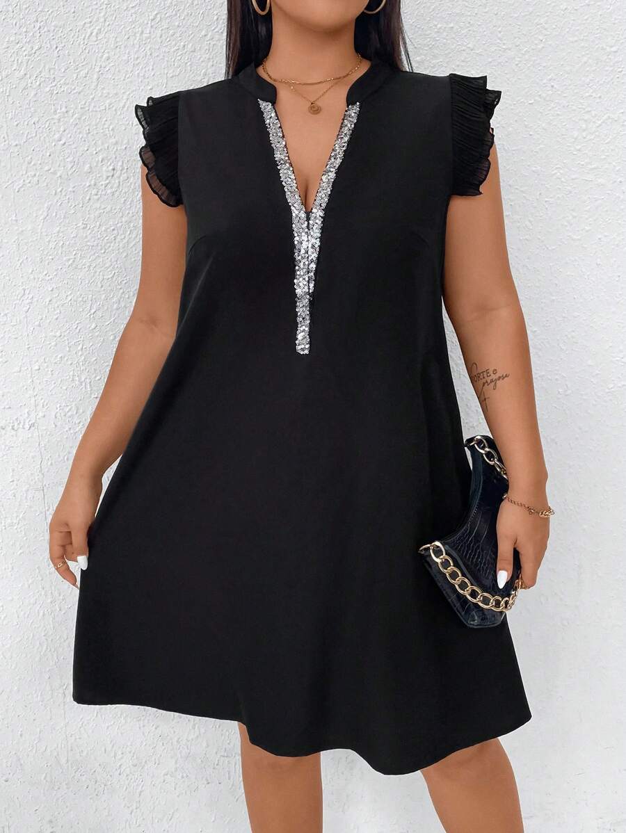 SHEIN LUNE Plus Contrast Sequin Notched Neckline Ruffle Trim Dress, For Summer - Black - View 1