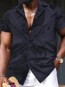 Manfinity LEGND 男士夏季塗鴉印花短袖休閒襯衫 - 黑色 - 查看 3