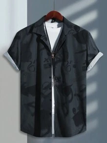 Manfinity LEGND 男士夏季塗鴉印花短袖休閒襯衫 - 黑色 - 查看 1