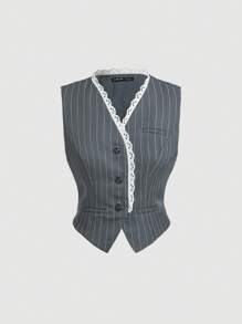 SHEIN MOD 夏季学院风条纹蕾丝背心，返校服，商务女装，秋季 - 灰色 - 查看 1