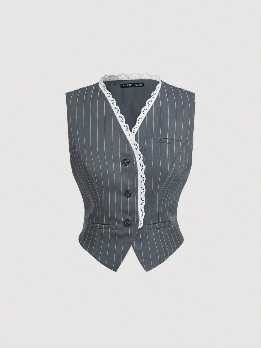 SHEIN MOD 夏季学院风条纹蕾丝背心，返校服，商务女装，秋季 - 灰色 - 查看 1