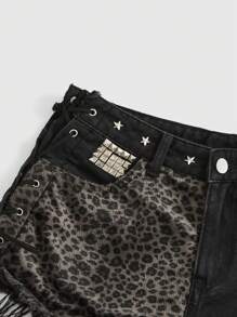 ROMWE Grunge Punk Quần short denim cạp thấp họa tiết da báo vá đính đinh tán phong cách đường phố gợi cảm dành cho nữ Kpop, đi học - Nhiều màu - Xem 5