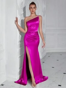 ADYCE Solid Color Slender Cami Dress With Front Slit And Open Back For Dancing Party - Hot Pink - View 4