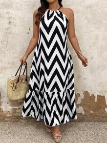 Breezaya Vestido largo con estampado de , volantes en el borde y escote halter para mujer de talla grande