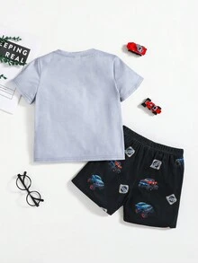 SHEIN Bộ quần áo mặc nhà mùa hè cho bé trai – Bộ áo ngắn tay cổ tròn & ngắn in họa tiết xe hơi, Bộ đồ ngủ thoải mái họa tiết mát mẻ, Trang phục ngủ ấm cúng cho trẻ em - Xám - Xem 2