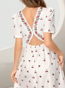 Modelyn Vestido de corte con diseño de cereza y flores pequeñas con dobladillo de volantes en la parte trasera para el verano - Blanco - Ver 5