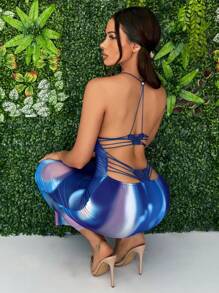 SHEIN SXY Váy hở lưng ôm sát trang trí hình con bướm gợi cảm - Màu xanh lam - Xem 3