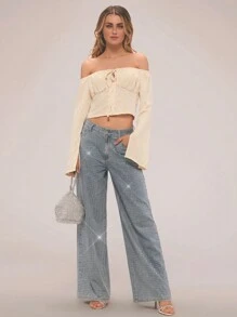 Forever 21 Vintage Wash Scattered Diamante Detail Straight Leg Jeans Spring Outfits Mid Rise Jeans Festival Outfits Summer Bottoms Rhinestone Jeans - Blue - View 3