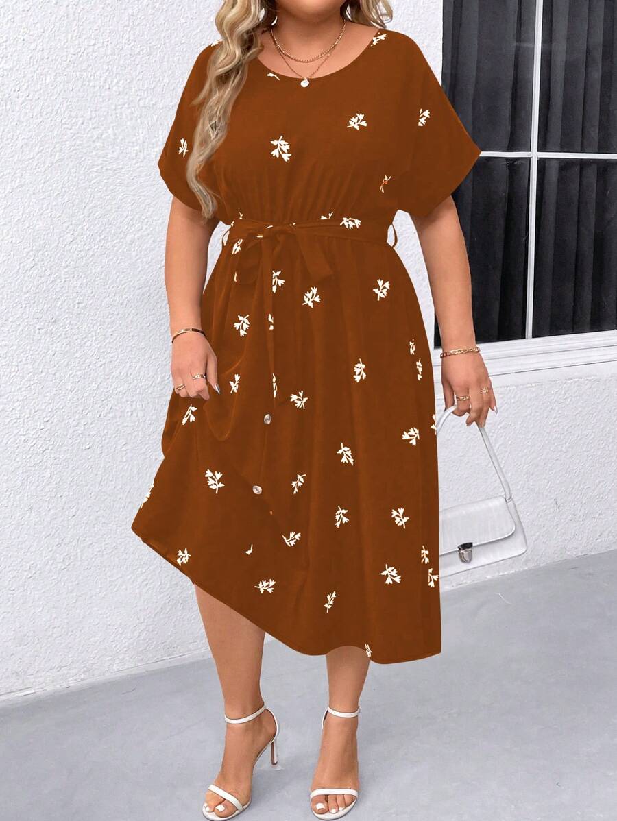 SHEIN LUNE Plus Floral Print Batwing Sleeve Belted Dress - Coffee Brown - View 1