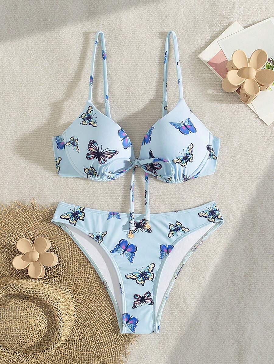 SHEIN Swim Ensemble de bikini sexy avant noué imprimé papillon pour femme pour été à la plage - Bleu azur - Voir 1