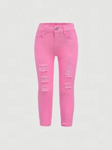 Young Girls Casual Ripped Frayed Jeans Girls Pink Jeansshein Young Girl Jeanskids Ripped Jeanspink Jeansripped Jeans Young Girl - Pink - View 1