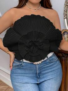 SHEIN Privé Plus Size Exquisite Pleated Tight Fit Women's Top For Spring/Summer Vacation, Date Night Or Beach Party - Black - View 1