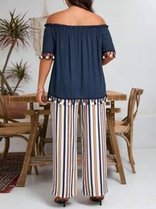 Plus Frill Trim Off Shoulder Top & Striped Print Pants For Summer Vacation - Multicolor - View 2