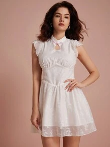 Chiquease Váy in họa tiết ngẫu nhiên theo phong cách Trung Hoa, cổ khoét sâu, tay bồng và viền xòe - trắng - Xem 5