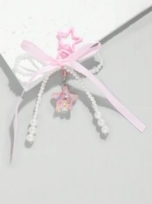 ROMWE Kawaii 1 chiếc nơ ngọc trai đính hạt thủ công đơn giản và dễ thương theo phong cách ngọt ngào thứ hai với ruy băng màu hồng, ngôi sao màu hồng, móc khóa mặt dây chuyền ngôi sao pha lê nhiều màu cho phụ nữ hoặc trẻ em gái, hoàn hảo để đeo hàng ngày hoặc làm quà tặng lễ hội Valentine - Hồng - Xem 5