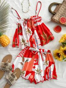 Soleia Women Vacation Style Red & White Color Block Split Novelty Architecture Print Ruffle Trim Front Bow Tie Camisole And Loose Shorts 2 Pieces Set, Suitable For Beach, Western Resort, Music Festival, Summer - Red and White - View 1