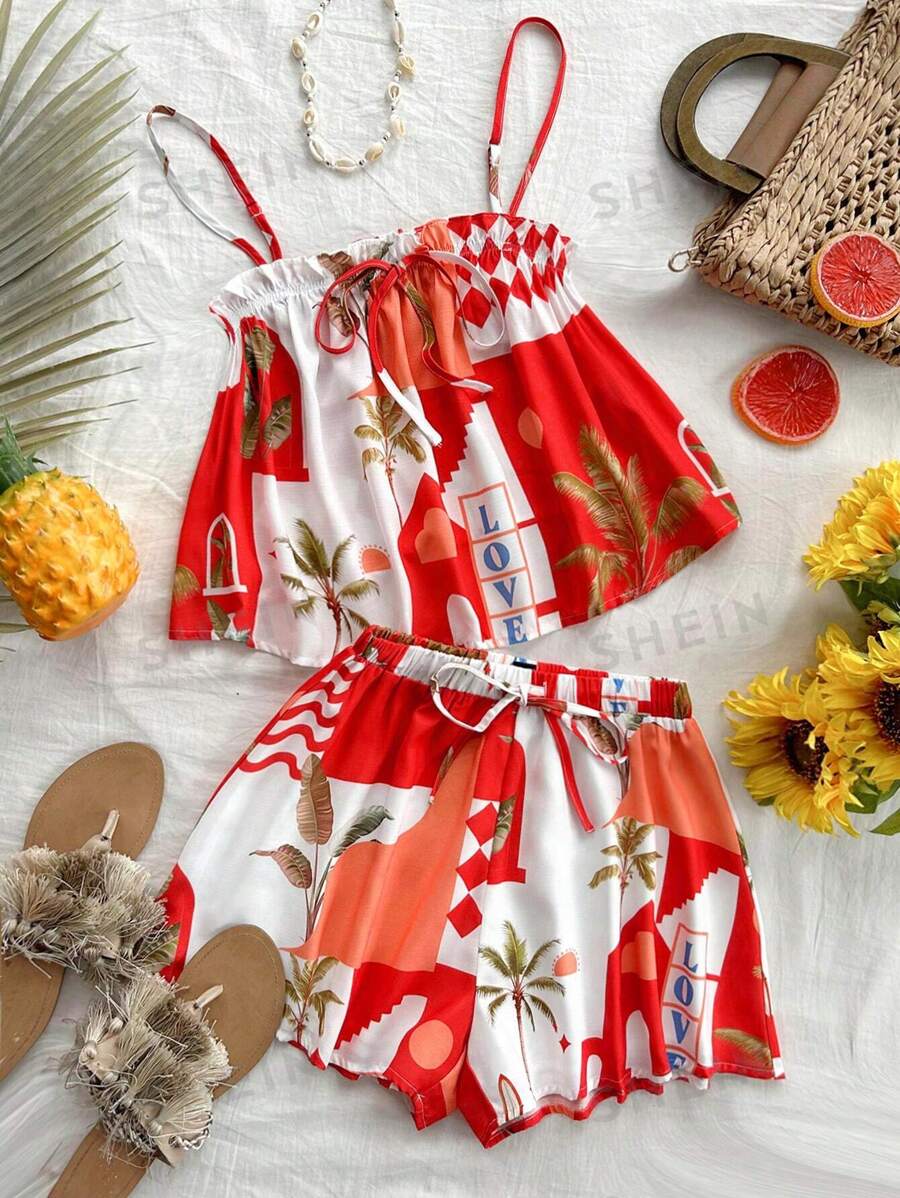 Soleia Set de 2 piese pentru femei, stil vacanță, roșu și alb, blocuri de culoare, imprimeu arhitectural, volane, cu papion în față, camisol și pantaloni scurți lejeri, potrivit pentru plajă, stațiuni western, festivaluri de muzică, vară - Roșu și alb - Vizualizare 1