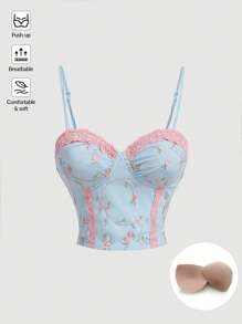 SHEIN MOD 女士蓝色蕾丝刺绣紧身胸衣、紧身胸衣上衣、复古蓝色无胸罩上衣、上衣、性感服装 - 藍色 - 查看 1