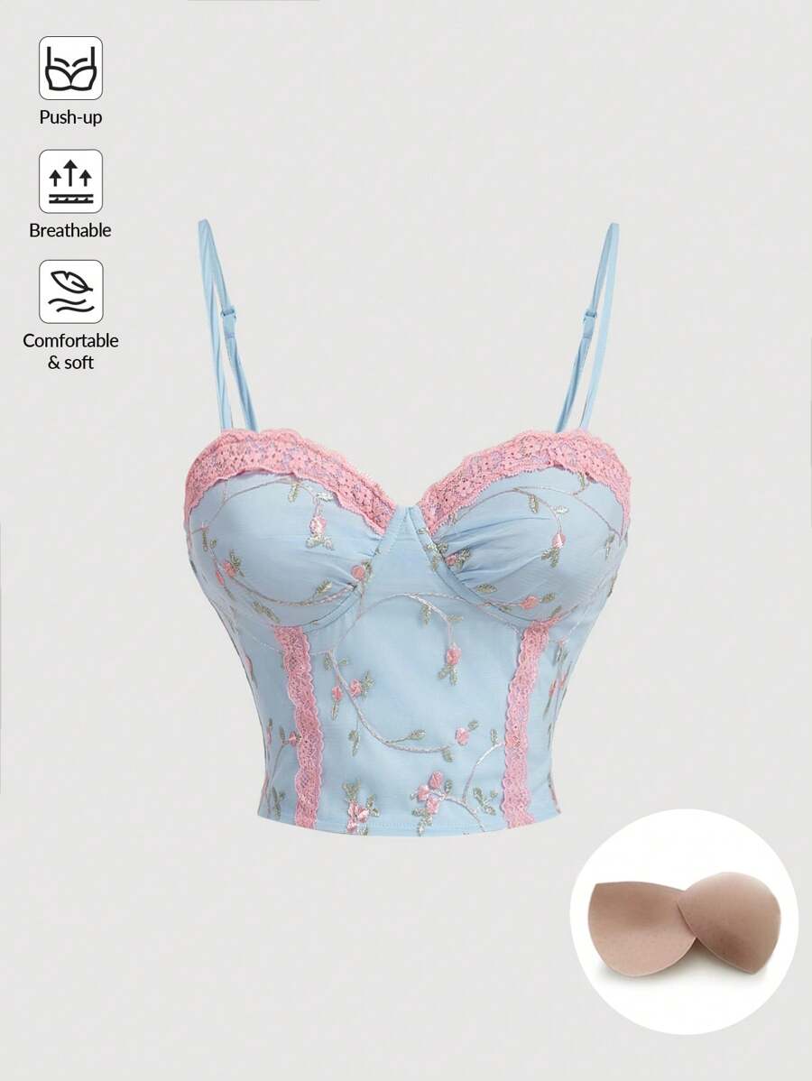 SHEIN MOD 女士蓝色蕾丝刺绣紧身胸衣、紧身胸衣上衣、复古蓝色无胸罩上衣、上衣、性感服装 - 藍色 - 查看 1