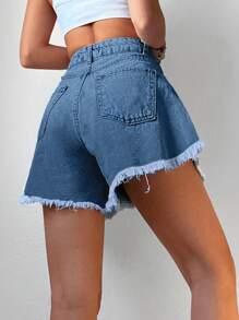 EURMUSE 女式鬆身寬腿牛仔短褲，帶補丁口袋和流蘇裝飾底邊，休閒款式 - 中等水洗藍 - 查看 2