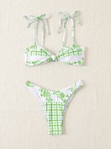 SHEIN Swim Set Bikini Seksi Wanita Motif Kotak-kotak dan Bunga untuk Pantai Musim Panas - Lime Green - View 6